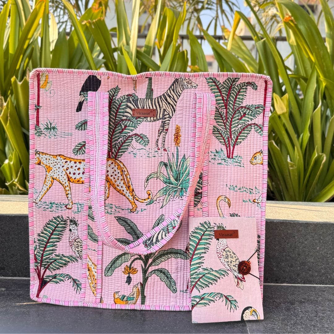 Jaipuri Theme Quilted Bag + A5 Diary Combo | Pink