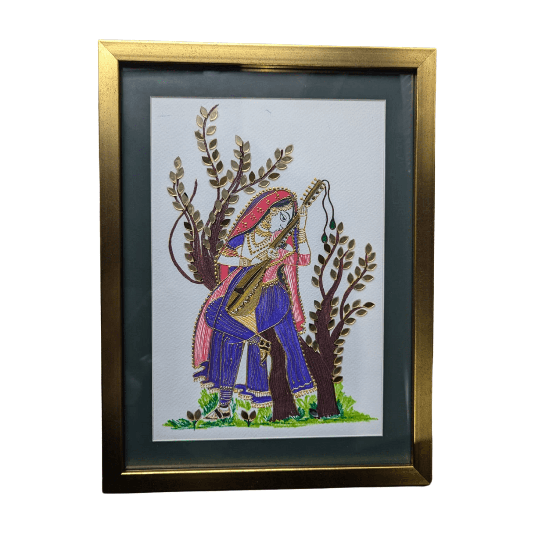 Harmonious Fusion: Handmade Minakari Art Painting of an Indian Woman Playing Veena
