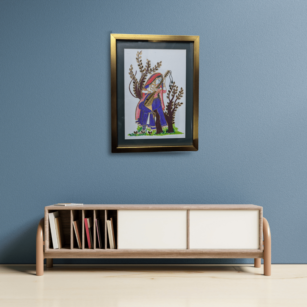 Harmonious Fusion: Handmade Minakari Art Painting of an Indian Woman Playing Veena