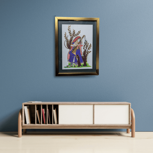 Harmonious Fusion: Handmade Minakari Art Painting of an Indian Woman Playing Veena