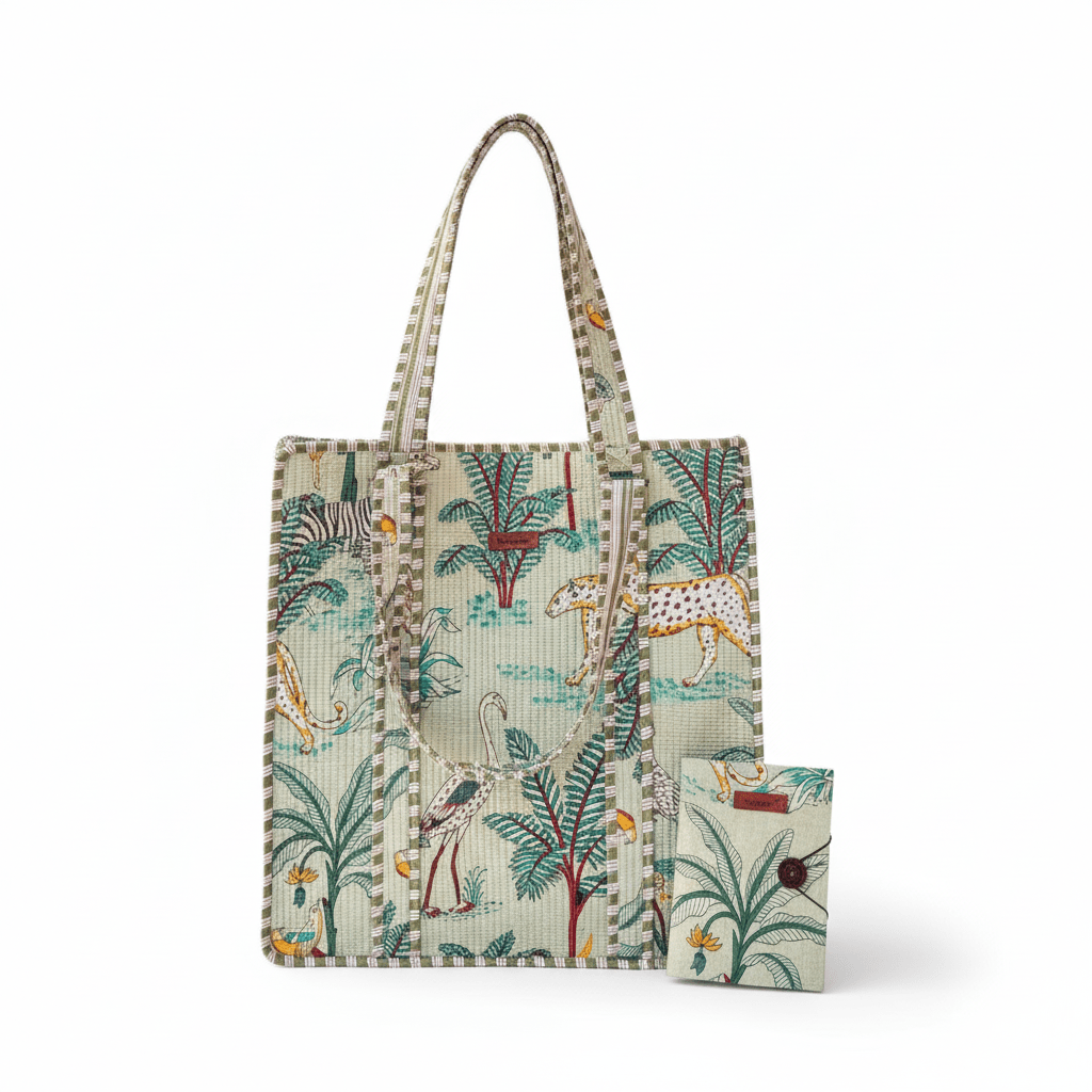 Jaipuri Theme Quilted Bag + A5 Diary Combo | Green