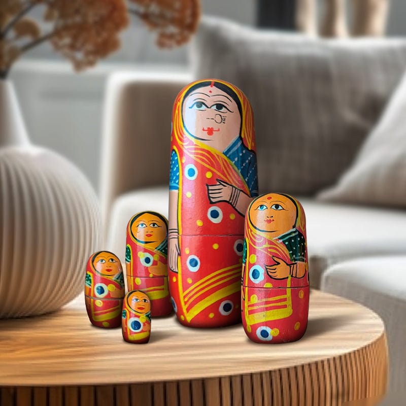Toolart Fine Craft India Set of 5 Hand-Painted Wooden Russian Matryoshka Dolls