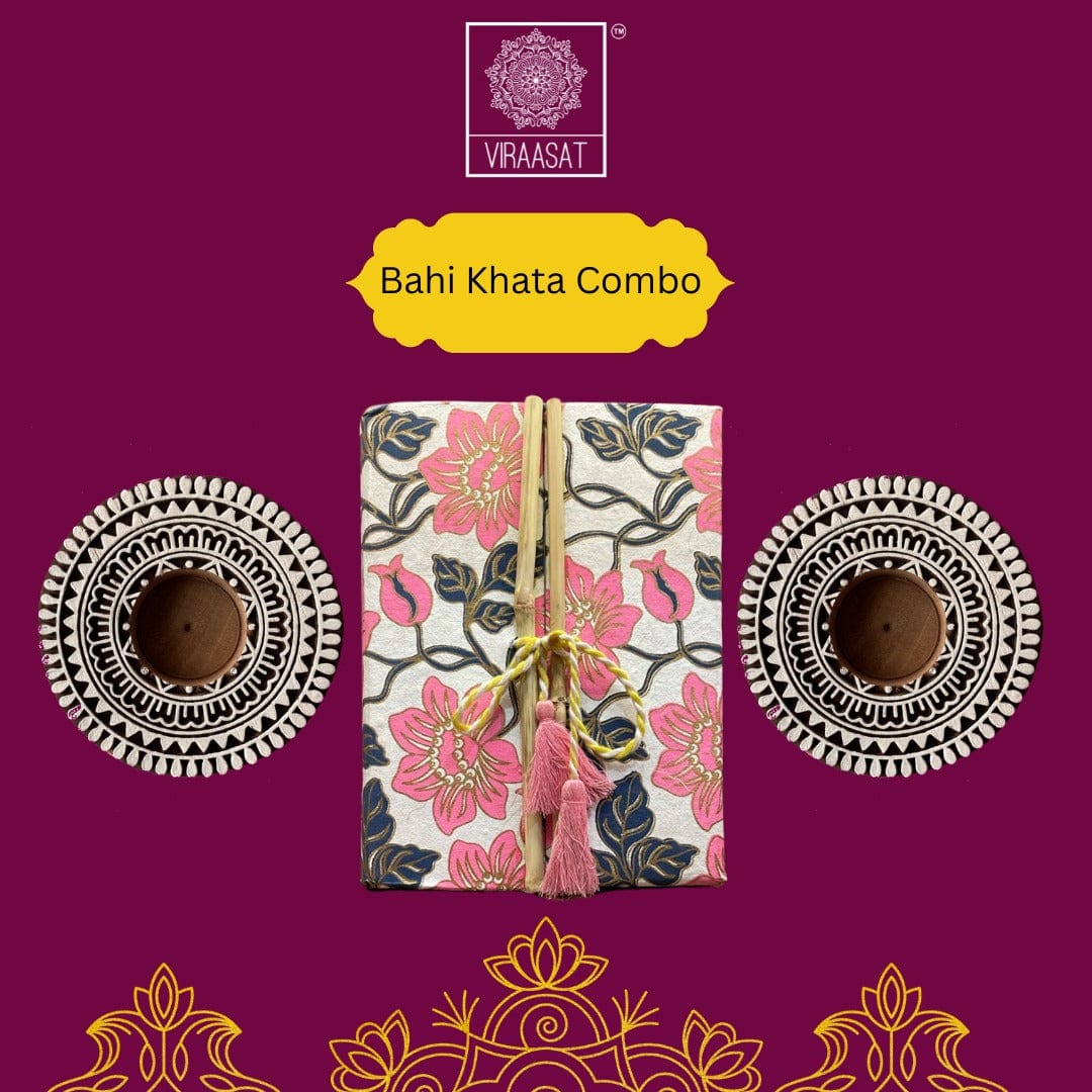 Bahi Khata Handmade Diary & Tea Light Candle Holder Mandala Diya Combo