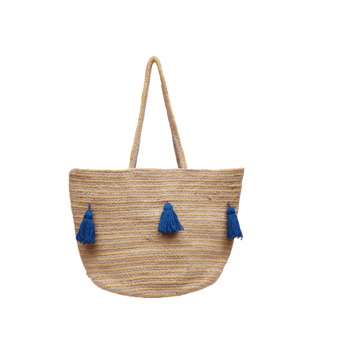 Coastal Charm Handmade Tote with Blue Pom-Pom Accents