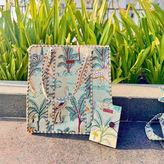 Jaipuri Theme Quilted Bag + A5 Diary Combo | Green